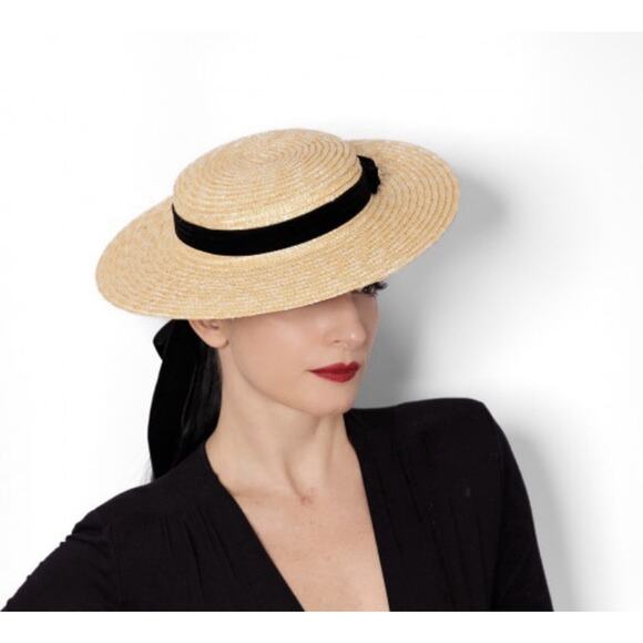 Fleur de Paris Straw Boater Fedora Hat Black Ribbon Band French Gatsby Madeline main image 4
